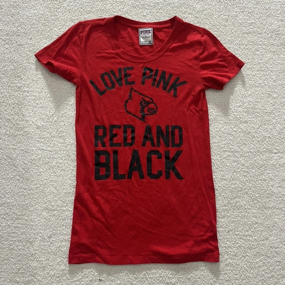 Louisville Cardinals Victoria's Secret Pink Glitter T Shirt XS U Of L‎ Red Black
